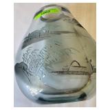 H.D. Blue Glass Vase with Etching