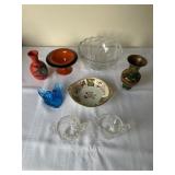 Box of Glassware - Red Vase, Red Dish, Blue Bird,
