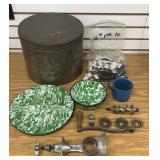 Metal Tin with Green Granite Dishes,
