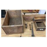Wooden Boxes, Wire Basket And Vintage Trinkets
