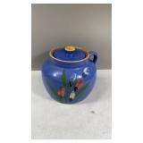 Blue Stoneware Cookie Jar With Painted Flowers