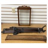 Framed Glass Display Case, Telescope Holder and a
