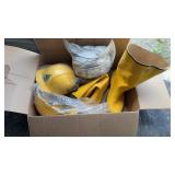 3 Hard Hats and Rubber Boots size 16