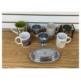 2 Metal Cups, a Metal Butter Holder, Mugs, Etc.
