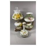 2 Vintage Hurricane Lamps and Milk Glass Decanter