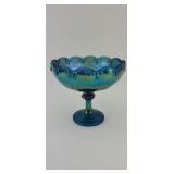 Blue Iridescent Carnival Glass Stemmed Dish