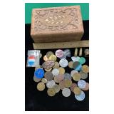 Wood box w/ asst. tokens, etc