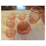 Matching  Pink Depression Cups, Plates, Pitcher