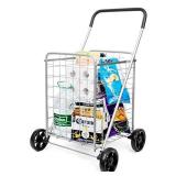 supenice Grocery Utility Shopping Cart - Deluxe Utility Cart with Oversized Basket and Tool Free Installation Light Weight Folding Cart with Wide Cushion Handle Bar for Laundry Book Luggage Travel