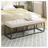 24KF Upholstered Tufted Long Bench with Metal Frame Leg, Linen Bench Ottoman with Padded Seat-Ivory