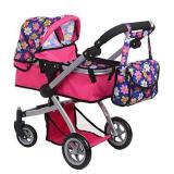 fash n kolor Exquisite Buggy | Foldable Pram for Baby Doll with Polka Dots Design with Swiveling Wheel Adjustable Handle (Flower)