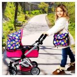 fash n kolor Exquisite Buggy | Foldable Pram for Baby Doll with Polka Dots Design with Swiveling Wheel Adjustable Handle (Flower)