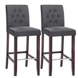 SONGMICS Set of 2 Bar Stools Kitchen Breakfast Chairs, with Button Tufted Backrest, Linen-Style Fabric, Solid Wood Legs, with Footrest, Dark Gray , Seat height: 29.9o RETAIL$599