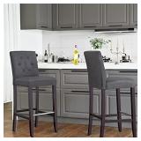 SONGMICS Set of 2 Bar Stools Kitchen Breakfast Chairs, with Button Tufted Backrest, Linen-Style Fabric, Solid Wood Legs, with Footrest, Dark Gray , Seat height: 29.9o RETAIL$599