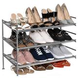 Seville Classics Sturdy Freestanding Storage Shelf for Bedroom, Closet, Entryway, Dorm Room Organizer 3-Tier Stackable 12-Pair Multi-Position Adjustable Metal Shoe Rack, Satin Pewter Mesh
