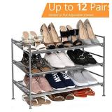 Seville Classics Sturdy Freestanding Storage Shelf for Bedroom, Closet, Entryway, Dorm Room Organizer 3-Tier Stackable 12-Pair Multi-Position Adjustable Metal Shoe Rack, Satin Pewter Mesh