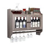 TQVAI Wood Wall Mounted Wine Rack with with Glass Holder and Acrylic Window for Wine Lover, Wine Cellar, Walnut Gray/Retro Grey