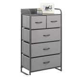 mlmDesign Tall Dresser Storage Chest - Sturdy Steel Frame, Wood Top & Handles, Easy Pull Fabric Bins, Organizer Unit for Bedroom, Entryway, Closet, Textured Print, 5 Drawers - Light Gray/Matte Gray