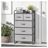 mlmDesign Tall Dresser Storage Chest - Sturdy Steel Frame, Wood Top & Handles, Easy Pull Fabric Bins, Organizer Unit for Bedroom, Entryway, Closet, Textured Print, 5 Drawers - Light Gray/Matte Gray