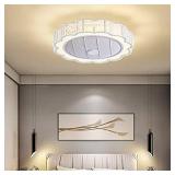 QZFH Invisible Ceiling Fan with Light, Remote Control LED Dimmable lighting Modes, 3 Wind Speeds, Semi Flush Mount 24 inch 40W Low Profile Enclosed Blade Mute Fan Lights for Kitchen, Living Bed Room