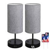 Set of 2 Touch Control Bedside Table Lamp, 3-Way Dimmable Nightstand Lamps with 2 USB Charging Ports&1 AC Outlet, ST64 E26 LED Bulbs Included, Grey Fabric Cylinder Shade Ideal for Bedroom Living Room