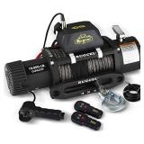 RUGCEL 12000lb Waterproof Electric Synthetic Rope Winch with Hawse Fairlead, Wired Handle and 2 Wireless Remote
