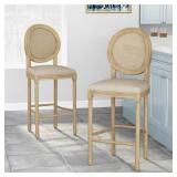 Epworth French Country Wooden Barstools with Upholstered Seating, Beige and Natural