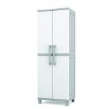 Keter Storage Cabinet with Doors and Shelves for Tool and Home Organization, White & Grey