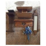 Wood decor, hand made book stand, shelf, mirror.