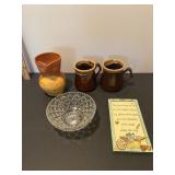 Home decor, coffee cups, glass dish, wall art
