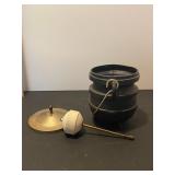 Vintage cast iron cauldron fire starter smudge pot w/ pumice wand and lid