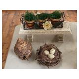 Garden themed lot, planter, small resin bench, bird house, nest