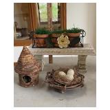 Garden themed lot, planter, small resin bench, bird house, nest