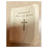 Catholic prayer book w/ rosary and coins, glasses and mugs