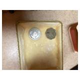 Catholic prayer book w/ rosary and coins, glasses and mugs