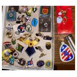 Collection of pins, zippo keychain, bowling pins