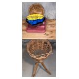 Wicker plant stand, food trays, jello molds, plate holders
