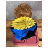 Wicker plant stand, food trays, jello molds, plate holders