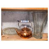 Copper tea kettle with porcelain handle, glassware