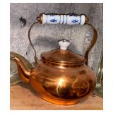 Copper tea kettle with porcelain handle, glassware