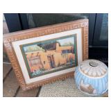 Wall art, two plates, glassware