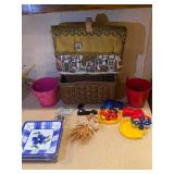 Basket, planters, plates