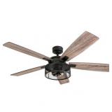 Honeywell Carnegie 52" Matte Black LED Industrial Ceiling Fan with Remote, Mesh Drum Lighting and Edison Bulbs