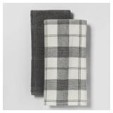 2pk Check With Solid Kitchen Towel Gray - Threshold