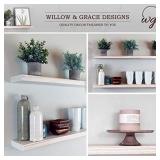 Willow & Grace Wooden Floating Shelves - Rustic White Home Decor Bookshelves, Easily Mounted | Perfect Rustic Farmhouse Shelf for Your Bathroom, Kitchen and Bedroom | White wash (36" Set of 2)
