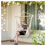 EverKing Hanging Rope Hammock Chair Porch Swing Seat, Large Hammock Net Chair Swing, Cotton Rope Porch Chair for Indoor, Outdoor, Garden, Patio, Porch, Yard - 2 Seat Cushions Included (White)