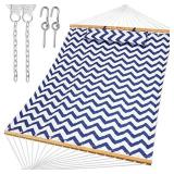 Y- STOP 13.2FT Hammocks with Pillow, Quilted Fabric Hammock with Chains and Hooks for Outdoor, Indoor, Double Solid Wood, Max 440 Lbs, for Two Person, Blue Wave