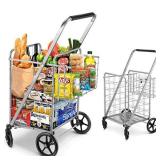 Shopping Cart, Jumbo Double Basket Grocery Cart 330 lbs Capacity Folding Shopping Cart with 360Â° Rolling Swivel Wheels Super Loading Utility Shopping Cart for Laundry, Shopping, Grocery, Luggage