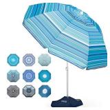 OutdoorMaster Beach Umbrella with Sand Bag - 6.5ft Beach Umbrella with Sand Anchor, UPF 50+ PU Coating with Carry Bag for Patio and Outdoor - Light Blue Striped