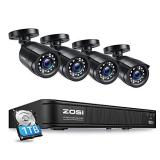 ZOSI H.265+1080p Home Security Camera System,8 Channel 5MP Lite Surveillance DVR with Hard Drive 1TB and 4 x 1080p Weatherproof CCTV Bullet Camera Outdoor Indoor with 80ft Night Vision, Motion Alerts